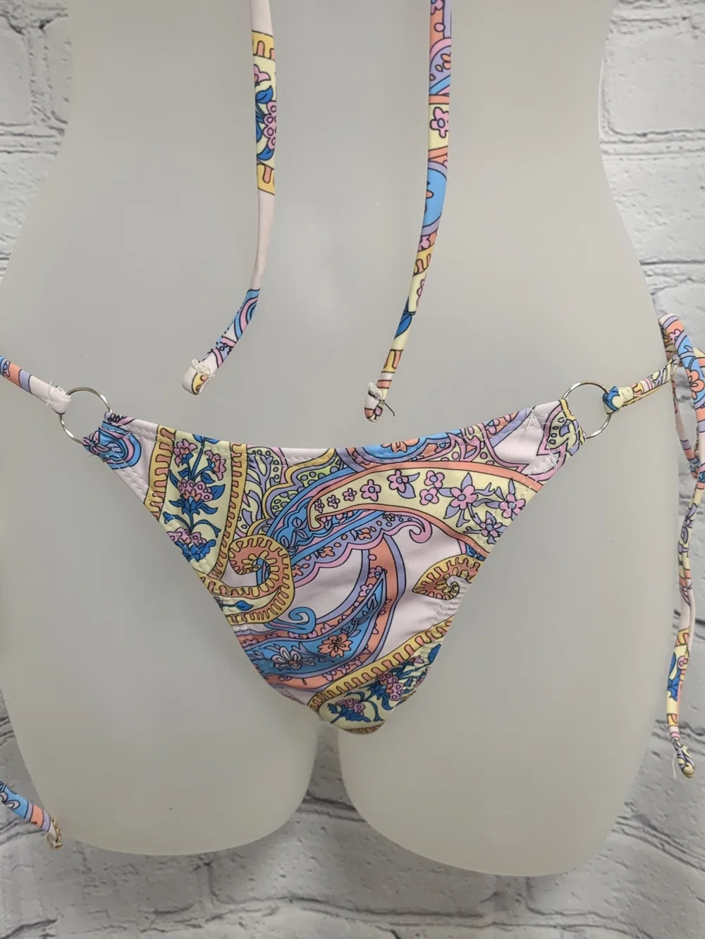 Paisley Print Triangle String Bikini - Pink, Blue & Yellow